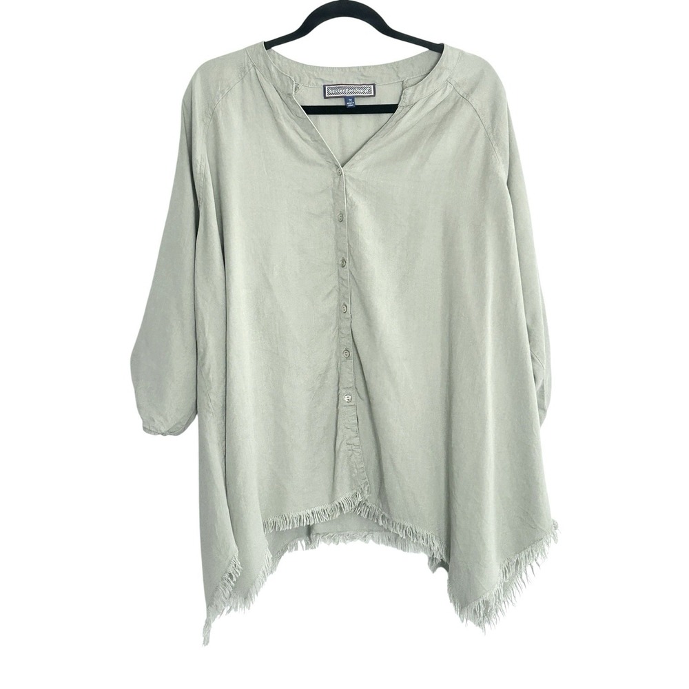 Hester & Orchard Button Front Top Womens Medium Gray Tencel Boho Sharkbite Hem